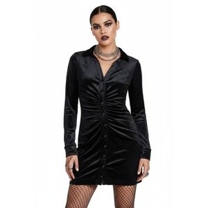 Free People Shayla Black Velvet Mini Dress – Ruched Gothic Glam – Size S